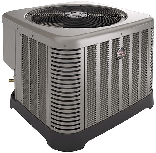 Air conditioning unit by Ruud with metallic exterior and branded logo, designed for efficient climate control.