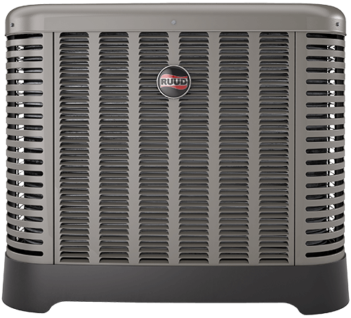 Gray Ruud air conditioning unit with horizontal slats, offering reliable HVAC solutions from Jerry Brittingham A/C & Heat,