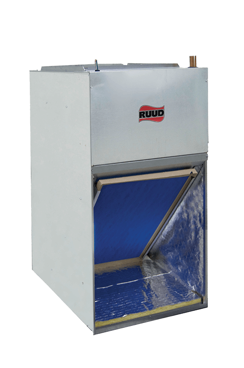 RUUD heating and air conditioning unit with metallic exterior and open bottom for air intake, ideal for HVAC systems.