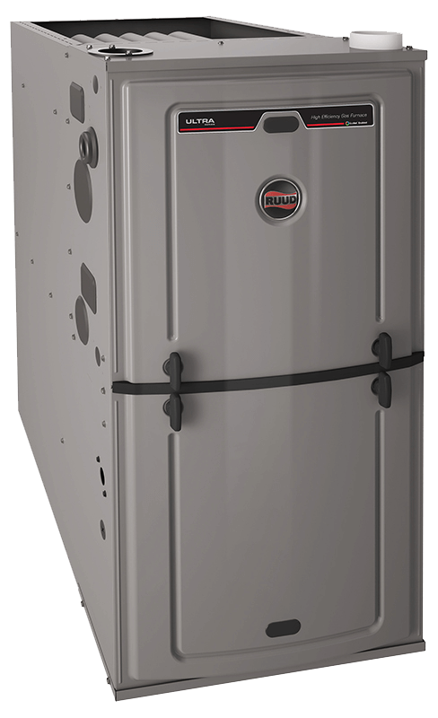 High-efficiency Ruud Ultra gas furnace with sleek grey exterior and prominent logo for HVAC solutions.