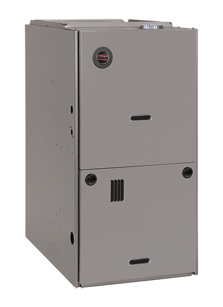 Gray furnace unit with rectangular shape, front ventilation ports, and Ruud logo, from Jerry Brittingham A/C & Heat, Inc.