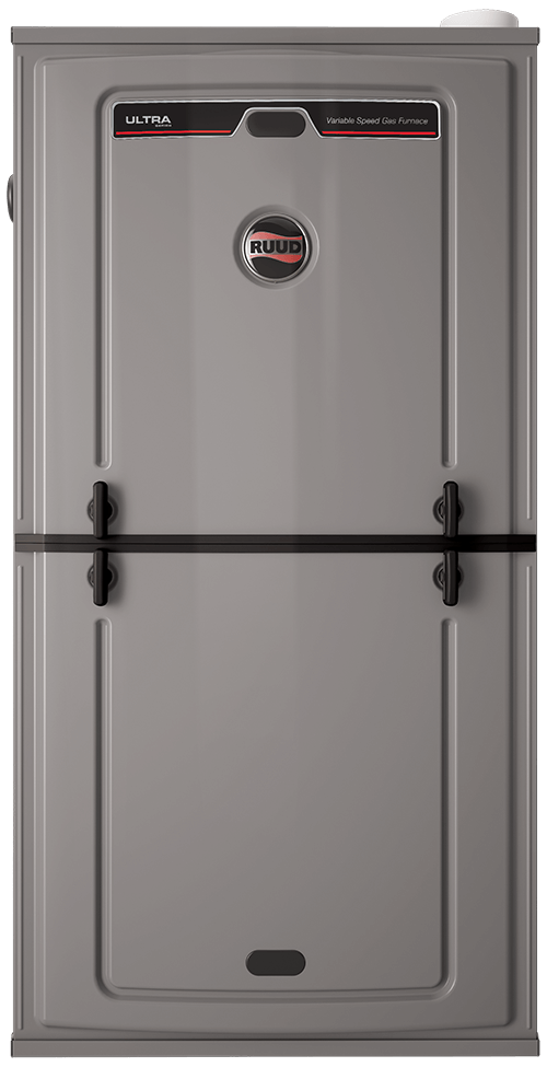 Ruud Ultra gas furnace with variable speed technology and brand logo for reliable HVAC solutions.