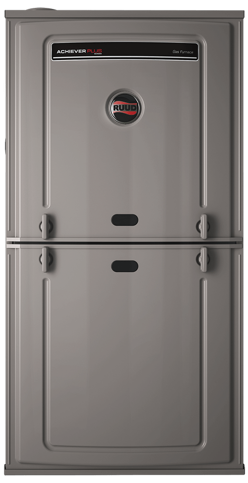 Achiever Plus Gas Furnace by Ruud, featuring sleek gray design and two-door minimalist style for reliable HVAC comfort.