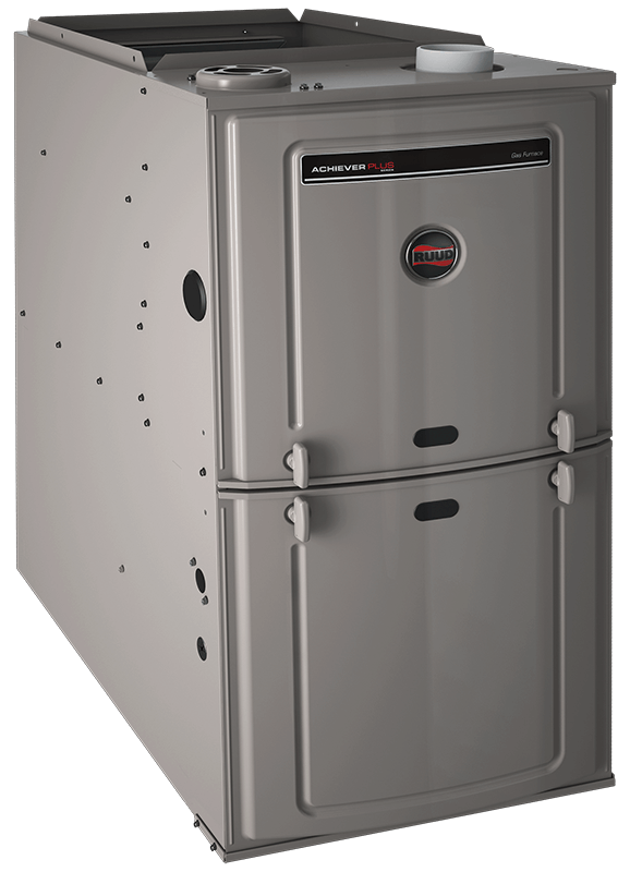 Gray Rheem Achiever Plus furnace with vent pipe; durable HVAC unit for improved home heating and comfort solutions.