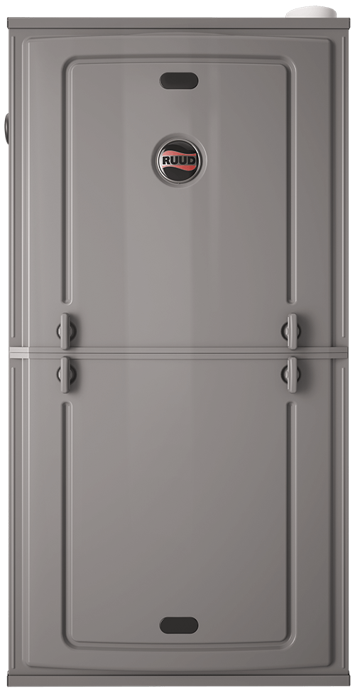 Gray vertical water heater with RUUD logo, featuring a smooth finish and two symmetrical doors; HVAC solution for homes.