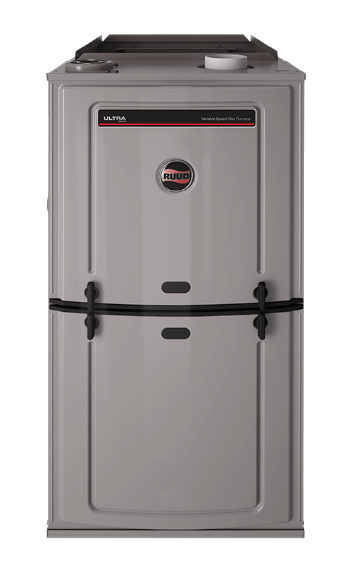Ruud Ultra Series gas furnace in sleek gray design, showcasing reliability for homeowner HVAC solutions.