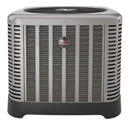 Ruud air conditioning unit in metallic gray with horizontal slats, showcasing reliable HVAC design for homes.