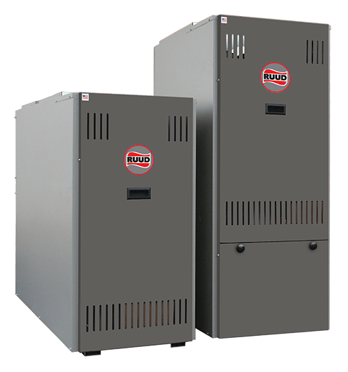 Two Ruud heating units with gray casing, providing reliable HVAC solutions for homes.