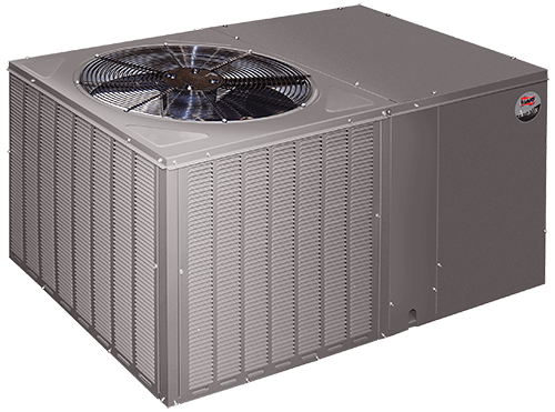 Air conditioning unit by Ruud with a metallic exterior, fan assembly, and grid front panel for efficient cooling.
