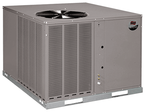 Outdoor air conditioning unit by Ruud with gray metal casing, fan grille, and control panel for reliable HVAC solutions.