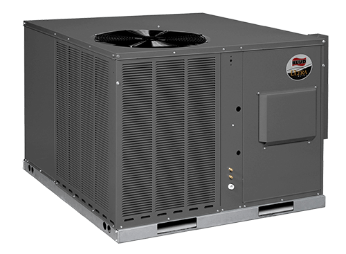 Air conditioning unit with dark gray metal casing and Ruud logo, showcasing large fan and ports for effective HVAC solutions.